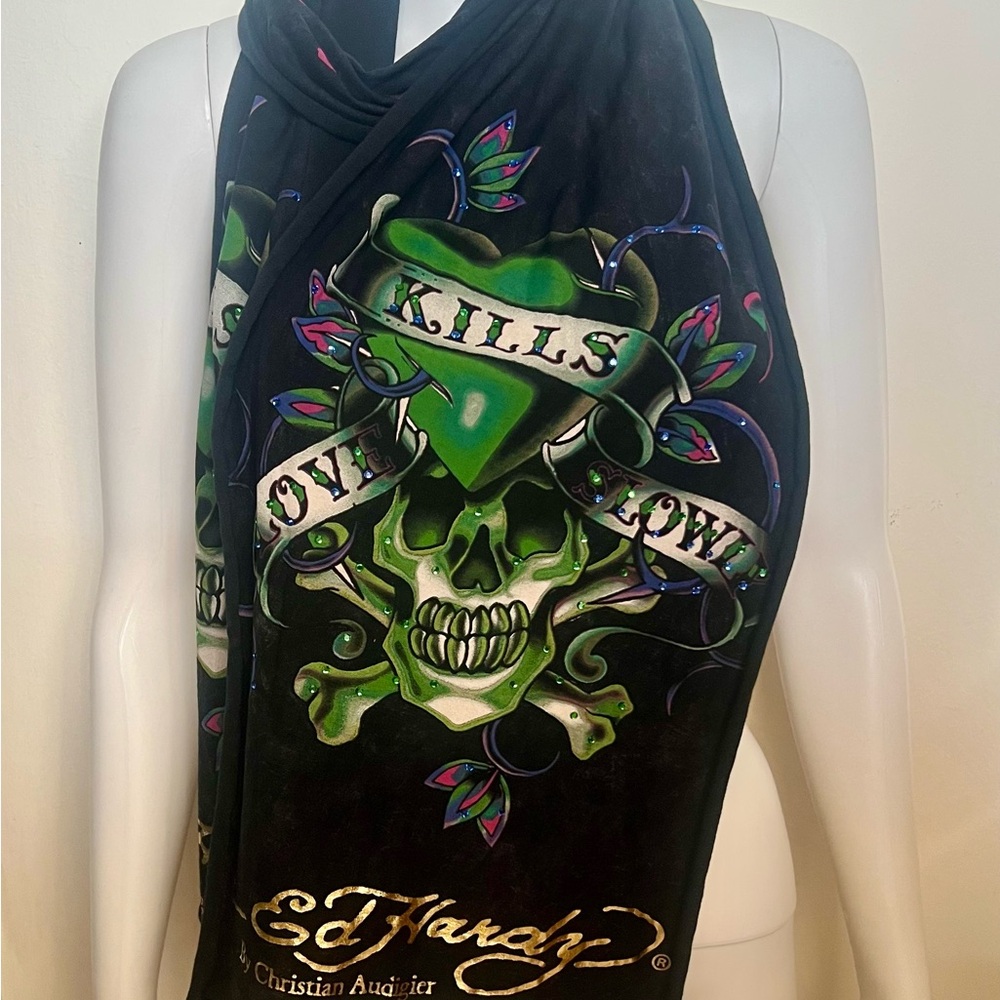 Ed Hardy Love Kills Slowly Black Scarf with Green Skull and Bling